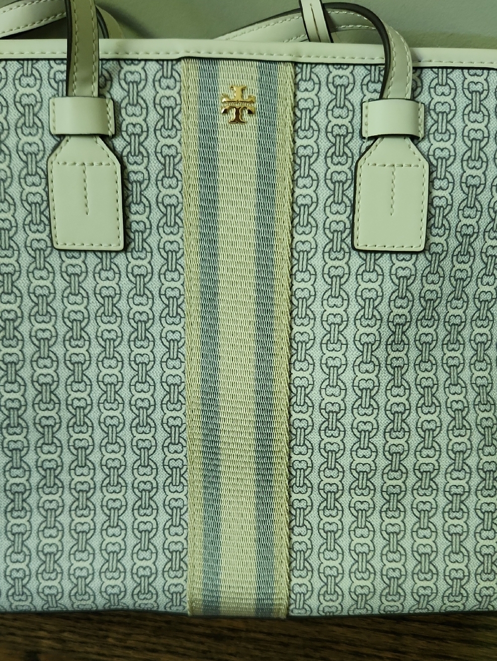 Tory Burch Light Blue, Cream and Taupe Logo Tote/Purse and Complimenting Wallet - Picture 9 of 16